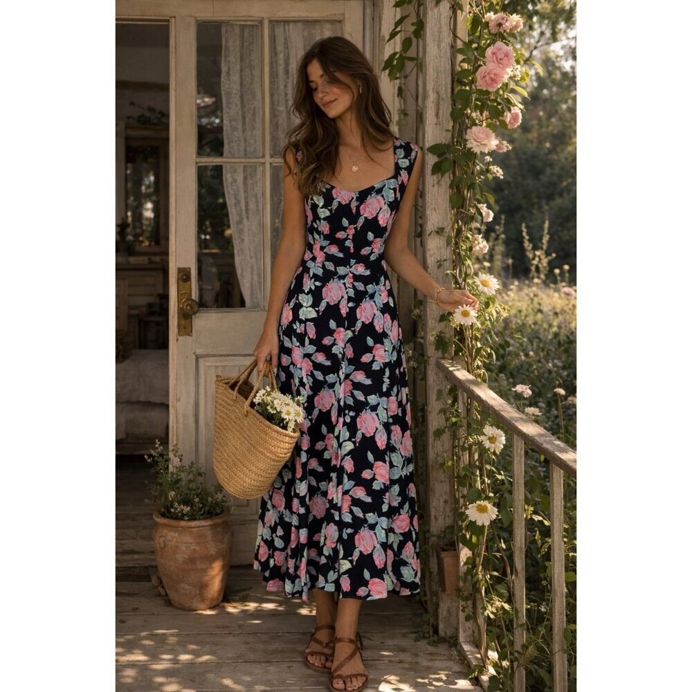 Vintage 90s Elizabeth Wyman Womens Maxi Dress Sz 10 Black Pink Floral Sundress